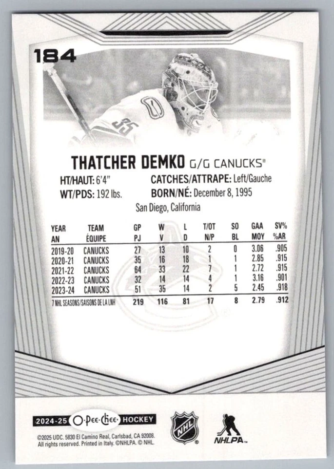 2024-25 O-Pee-Chee Thatcher Demko Vancouver Canucks #184 - Image 2 of 2