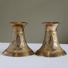 Vintage Brass Pair Candle Stick Holder Gold Enamelled Fleur-de-lis Design