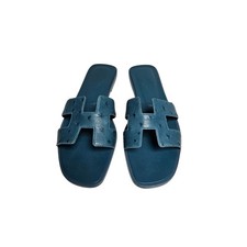 Hermes Teal Blue Ostrich Leather Oran Sandal, Size 38