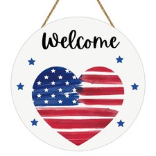 4th of July Decorations Patriotic Wreath American Flag Heart Welcome Sign Woode.
