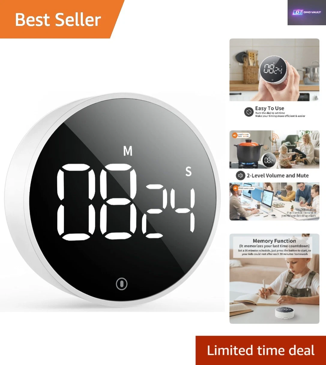 Digital Kitchen Timer with Magnetic Back & Large LED Display - Easy to Use