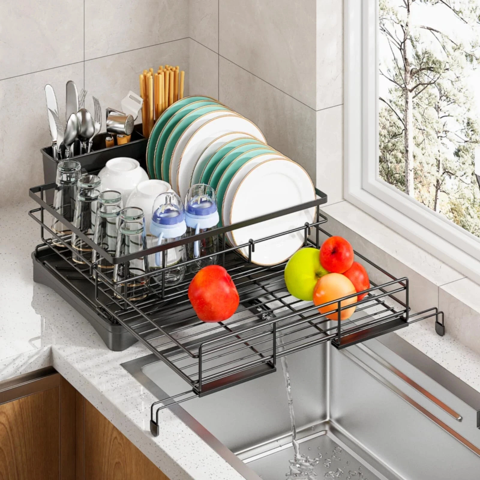 Dish Drying Rack,Large Dish Racks for Kitchen Counter with Utensil Holder Black