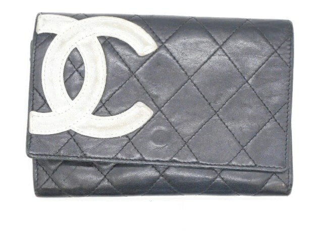 CHANEL Cambon Line COCO Mark Black Lamb Skin Bifold Wallet in Pink A26722
