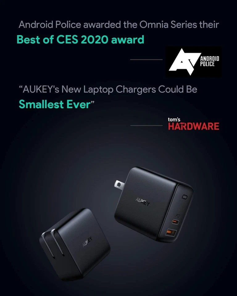 Cargador de Pared Aukey 65w Doble Puerto y Cable USB-C, IPHONE, IPAD, SAMSUNG, MACBOOK Foto 3 de 4