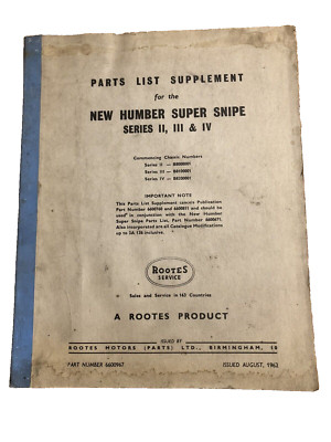 Hillman Humber Super Snipe 1962 Parts List Catalog Illustrated Numbers Manual 63