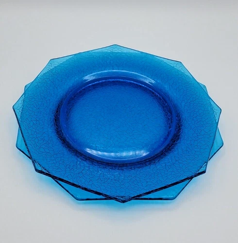 2 Vintage 1930s Octagonal Depression Glass Blue Salad Plates - Crackle Pattern