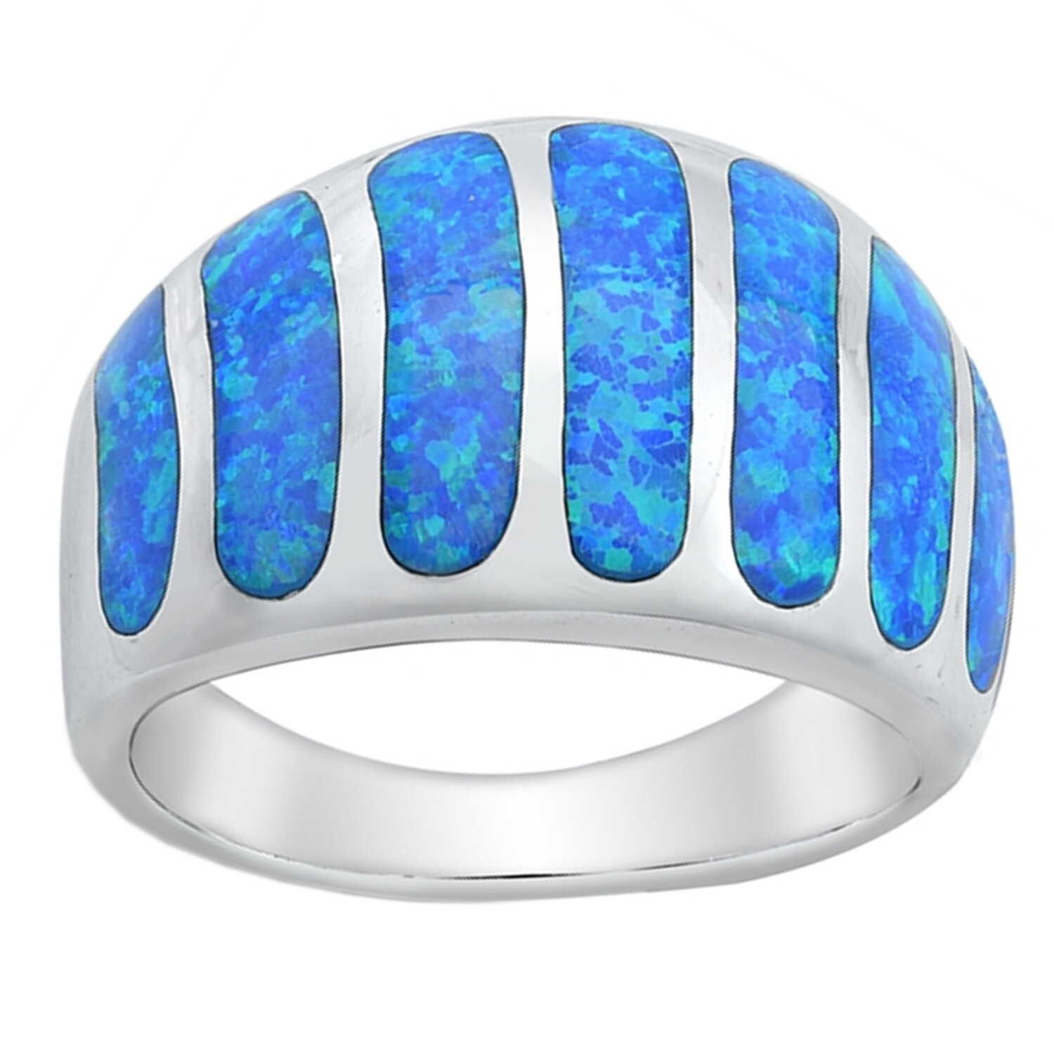 Ribbed Dome Ring Lab Created Blue Opal 925 Sterling Silver 15mm Size 7-12