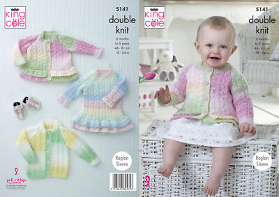 Knitting Pattern Baby DK Raglan Sleeve Dress & Peplum Cardigan King Cole 5141