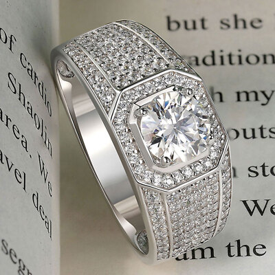 Moissanite Mens Wedding Band Pure Silver Comfort Fit 2CT