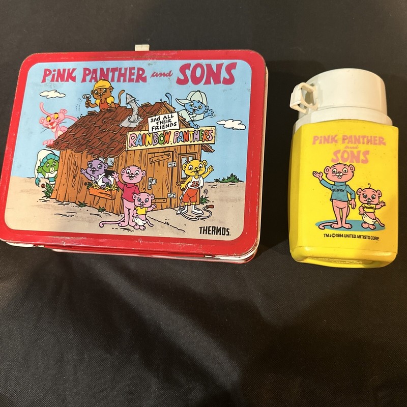 1984 PINK PANTHER AND SONS Metal LUNCHBOX Rare WITH THERMOS Collectors Cartoon