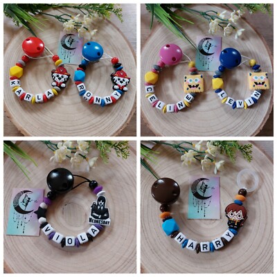 Schnullerkette mit Namen, Paw Patrol, Harry Potter, inkl. Organzasäckchen