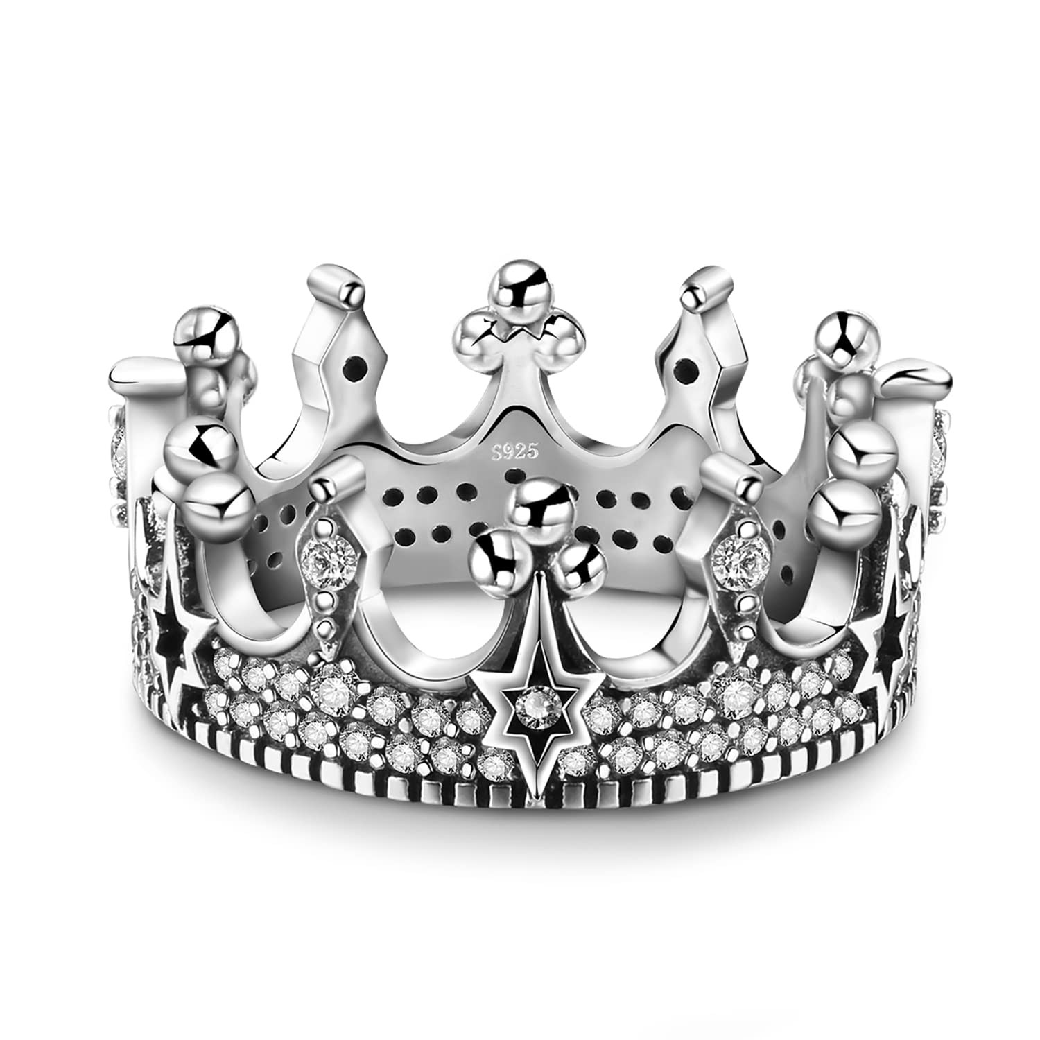 Gothic Vintage Crown CZ Ring in 14K White Gold Plated Star Tiara  