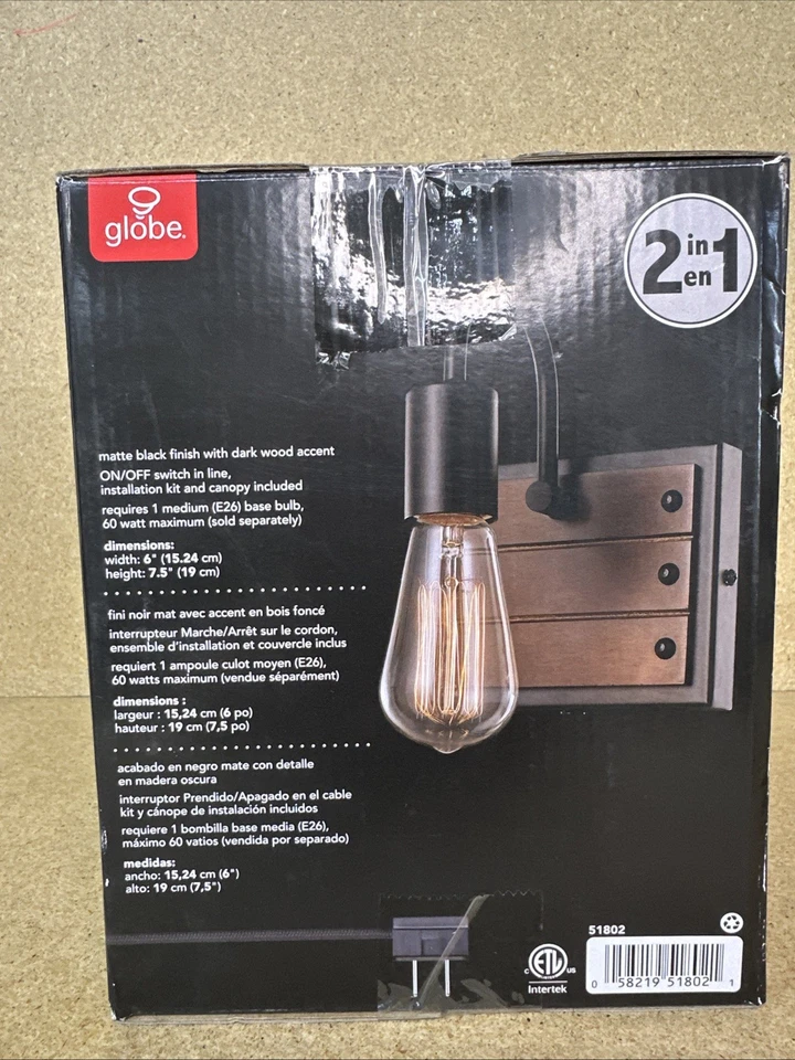 Globe - Luz aplique enchufable Williams - negro rústico Foto 2 de 4