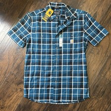 NWT Carhartt Men  s Rugged Flex Relaxed Fit SS Button Down Shirt Blue Plaid Small