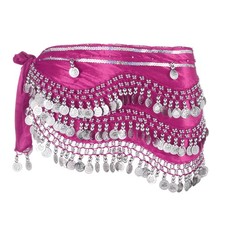 Belly Dance Hip Scarf 59x11" with 248 Silver Coin, Rose Pink
