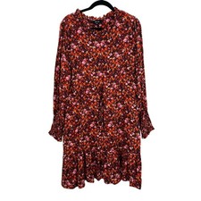 Saint + Sofia Olivia Floral Print Zip Up Smocked Cuff Dress Burgundy Red Sz 14