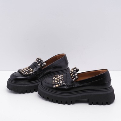 Maje Damen Schwarz Nieten Leder Halbschuhe Schuhe 37 EU 4 UK 6,5 US MFACH00530