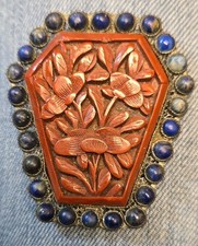 INCREDIBLE Vintage Chinese Export Red CINNABAR & Lapis Large Dress Clip 2