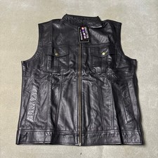 Black Real Leather Vest Mens Large Biker Motorcycle Sleeveless Zip Front Pockets
