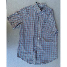 Van Heusen Flex Mens Short Sleeve Button Down Plaid Shirt Blue Burgundy Size M