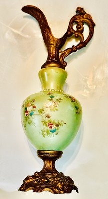 Antique Wave Crest Mantel Ewer Metal Blue Opaline Glass Painted Floral Design