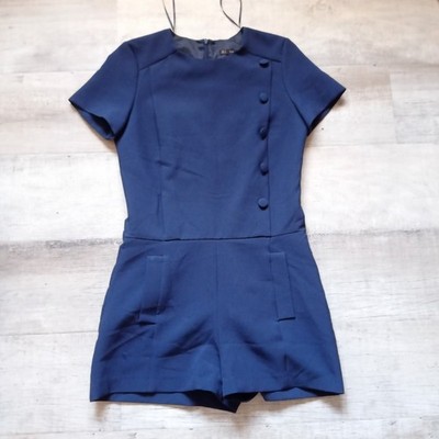 Zara Basic Womens Small Navy Blue Asymmetric Button Short Sleeve Romper Jumpsuit