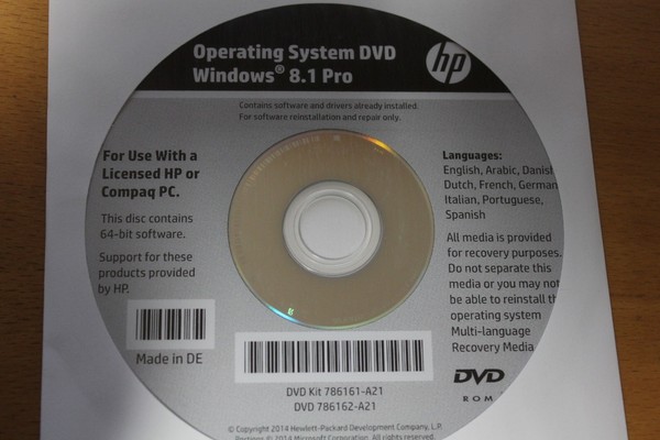 HP Operating System DVD Windows 8.1 Pro 64-bit Recovery. No incluye licencia