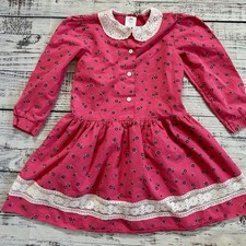 Vintage Girls Pink Floral Dress 4-5y Lace Detail