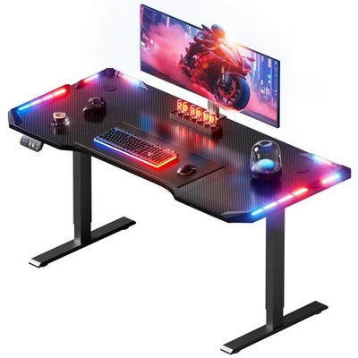 Gaming Tisch mit LED, Höhenverstellbarer Schreibtisch Elektrisch, Computertisch