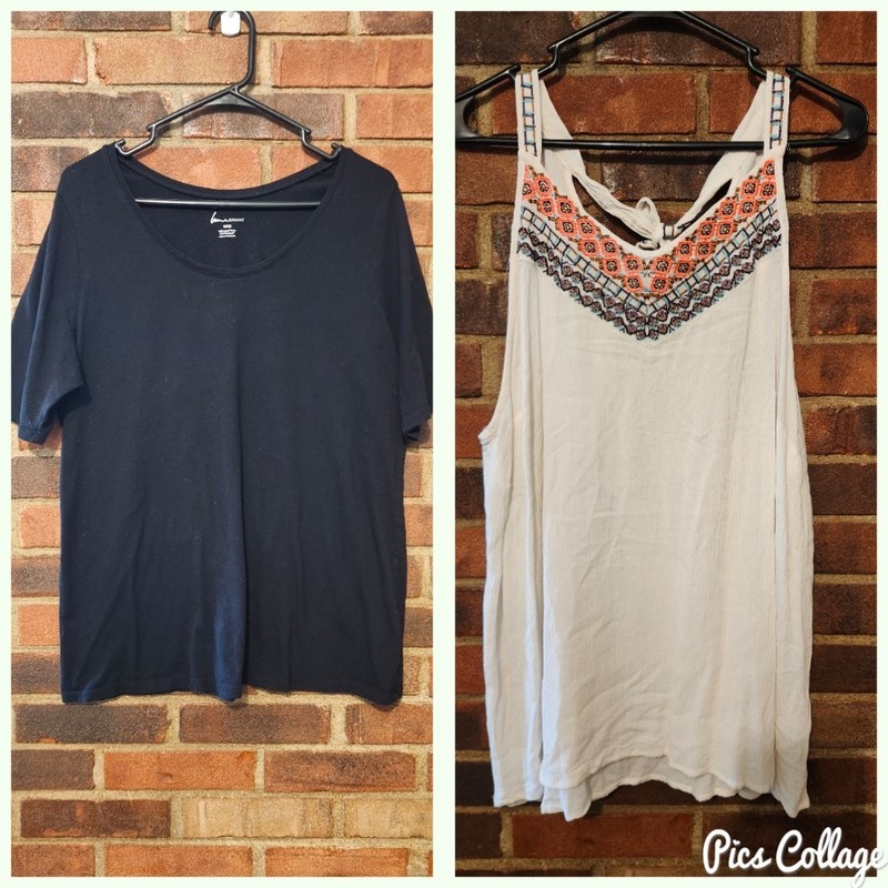 Lot 2. Maurices Tank Womens Sz1 Ivory Embroidered Keyhole Back. LB Black Tee 2x