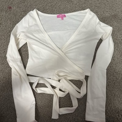 philosophy White Cotton Jersey Wrap Blouse Tie Accent Long Sleeve V-Neck