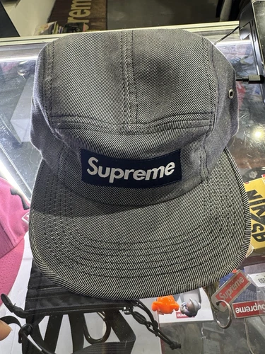 Supreme Jacquard Box Logo Camp Cap 5 panneaux Chapeau Boîte Logo Sergé Gris Foncé OSFM