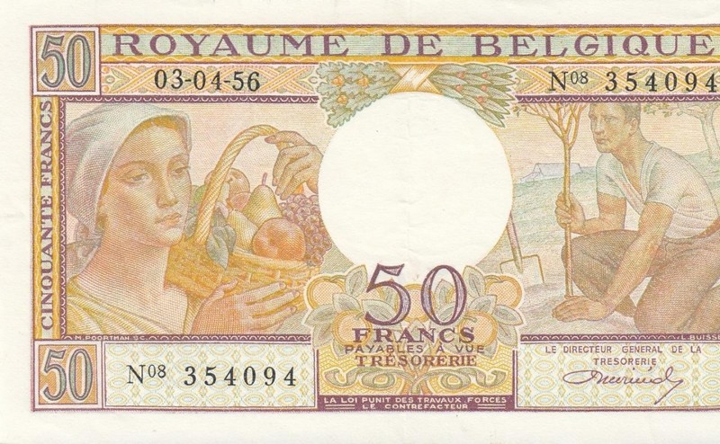 3.4.1956 BELGIUM 50 FRANCS FRENCH FRANCE "N" (( aUNC ))