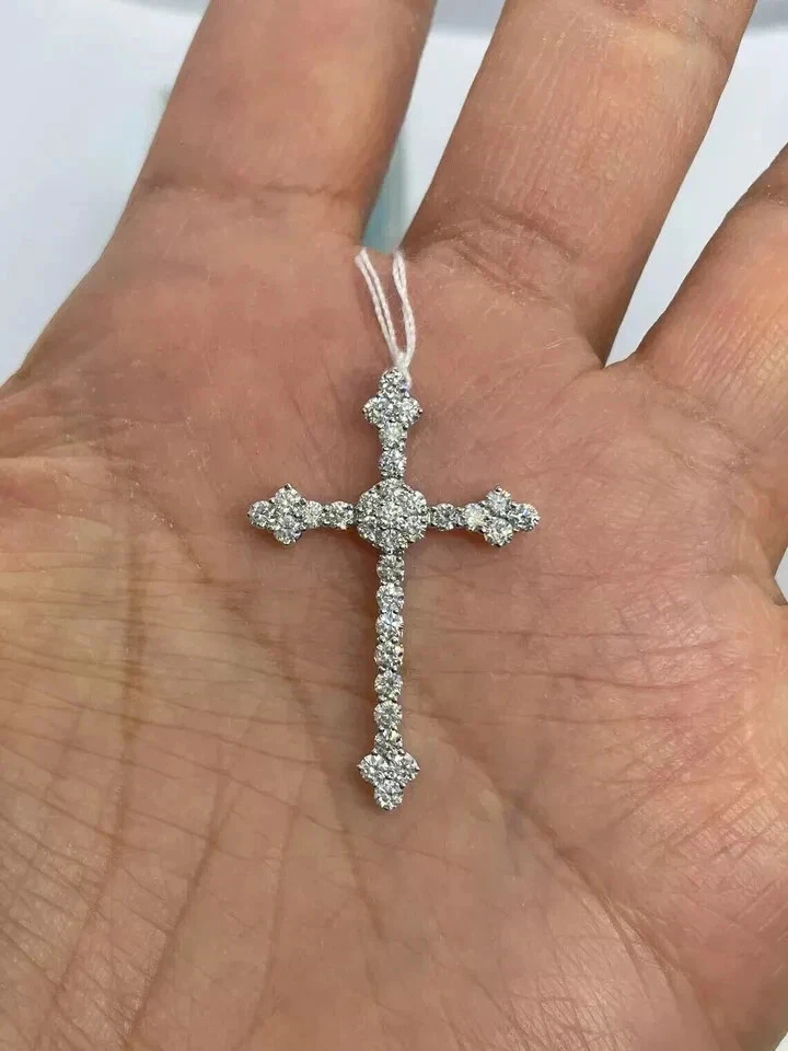 2Ct Round Lab Created Diamond Cross Pendant 14K White Gold Plated 18" Free Chain - Image 2 of 4