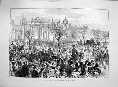 Original alter antiker Druck 1877 Sultan Türkei verlässt Palast Pferde Pro 19.