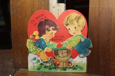 Vintage Valentine Die Cut 1950's Mechanical Jointed Boy Girl Teeter Totter Barre