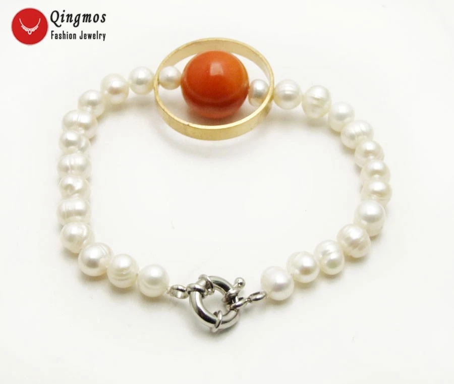 Pulsera redonda de perlas blancas naturales de 6-7 mm para mujer l con pulsera de coral naranja Foto 2 de 4