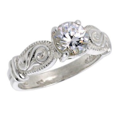 Sterling Silver Ring w/ 7 mm (1.25 ct) Brilliant Cut CZ Stone, Flawless Finish