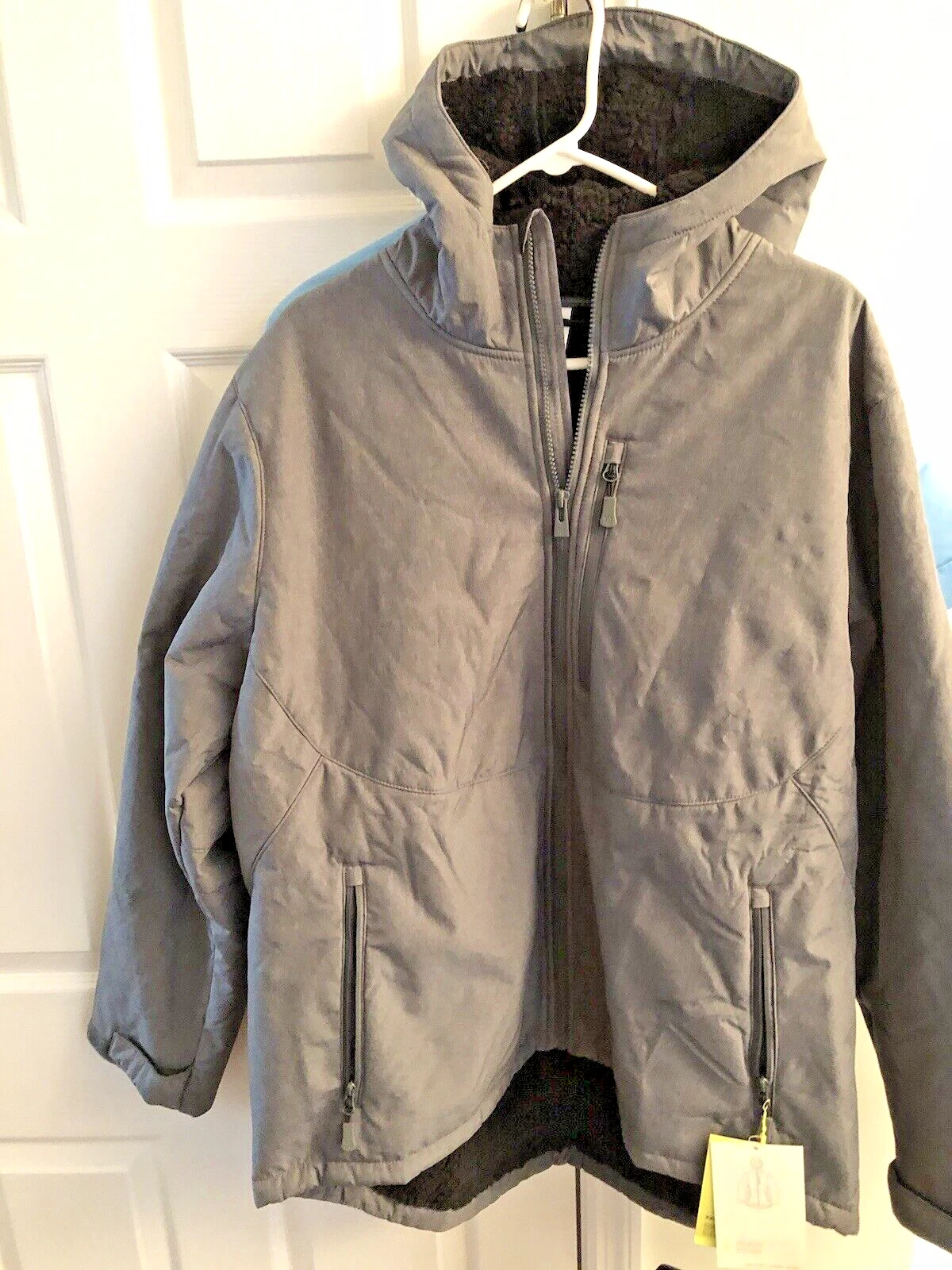 All in Motion GRAY PLUSH Lined Soft Shell hooded Jacket Coat- Zippered pockets