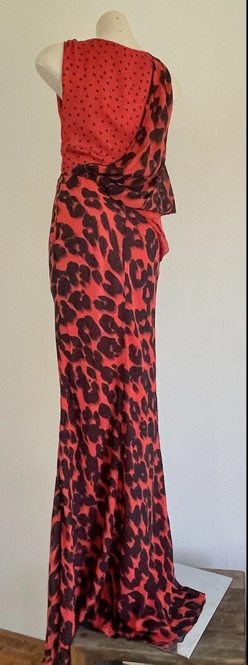 Maxi Vestido Largo Barato y Chic MOSCHINO Gala Cóctel Rojo Estampado Leopardo IT40-AU8 Foto 3 de 4