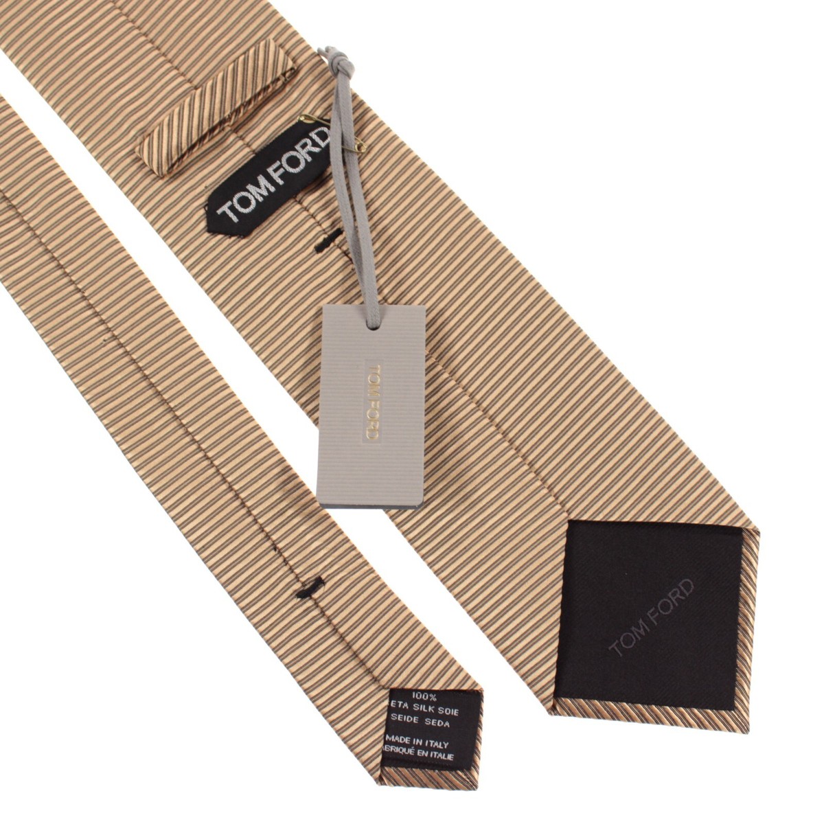 Cravate Tom Ford 100% Soie - Beige à Rayures Micro Marron/Noir, Made In Italy, Neuf Avec Étiquette