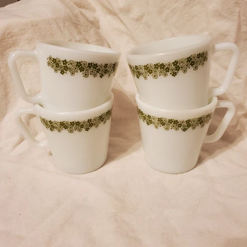4 Vintage MCM Pyrex Green Spring Blossom/Crazy Daisy Coffee Cup Mugs D-Handle