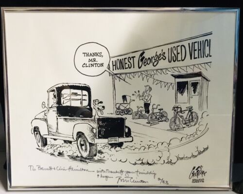 WILLIAM J. "BILL" CLINTON - INSCRIBED CARTOON SIGNED 02/1983 Framed