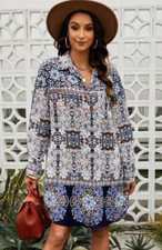 Vici S Shirt Dress Mini Geometric Mini Long Sleeve Button Front Bohemian