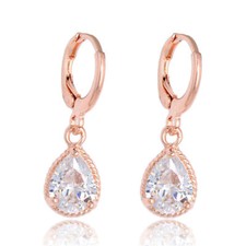 Pretty New 18K Rose Gold Plated Clear White Pear Teardrop CZ Dangle Earrings