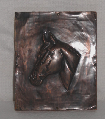Vintage 1957 Hand Made Wall Plaque ~ w/Horse Head ~ Embossed Copper ~ Jon
