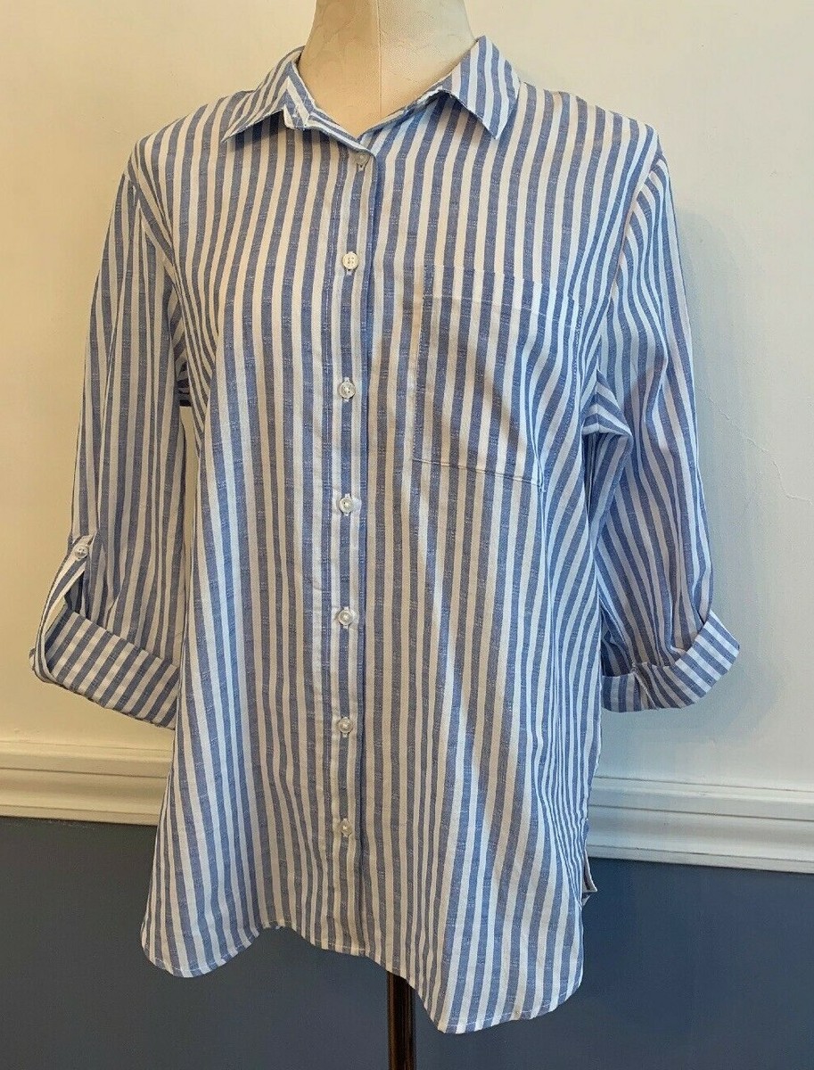8 Primark Women's Blue White Stripe Casual Button Up Roll Tab Sleeves New  NWT