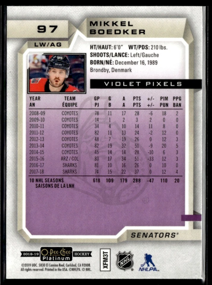 2018-19 O-Pee-Chee Platinum Violet Pixels Mikkel Boedker #97 - Image 2 of 2