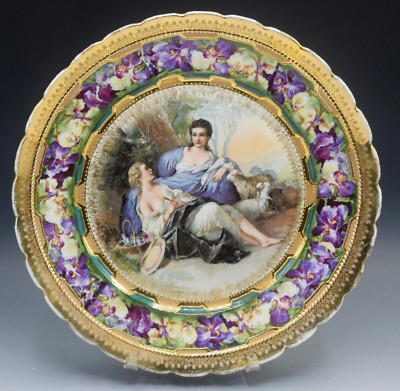 ANTIQUE PORCELAIN AFTER FRANCOIS BOUCHER TWO FEMALES SHEPHERDESS WITH LAMB PLATE