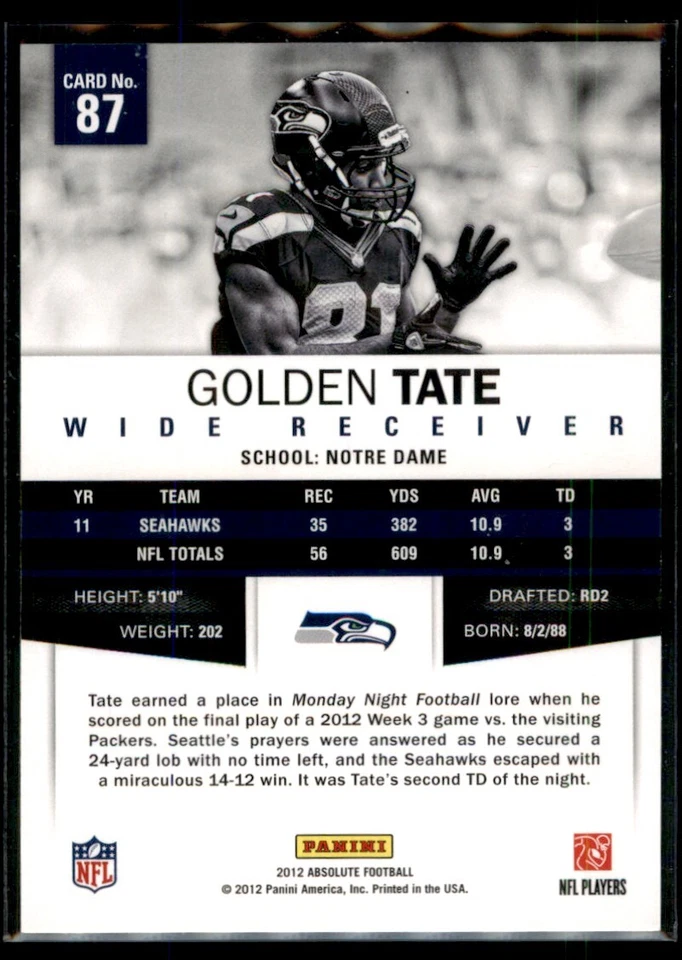 2012 Panini Absolute Golden Tate Seattle Seahawks #87 - Image 2 of 2